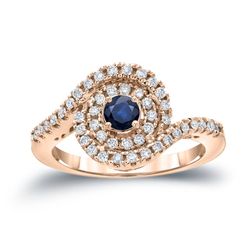 14k Gold Round 1/5ct Blue Sapphire and 3/5ct TDW Diamond Halo Engagement Ring