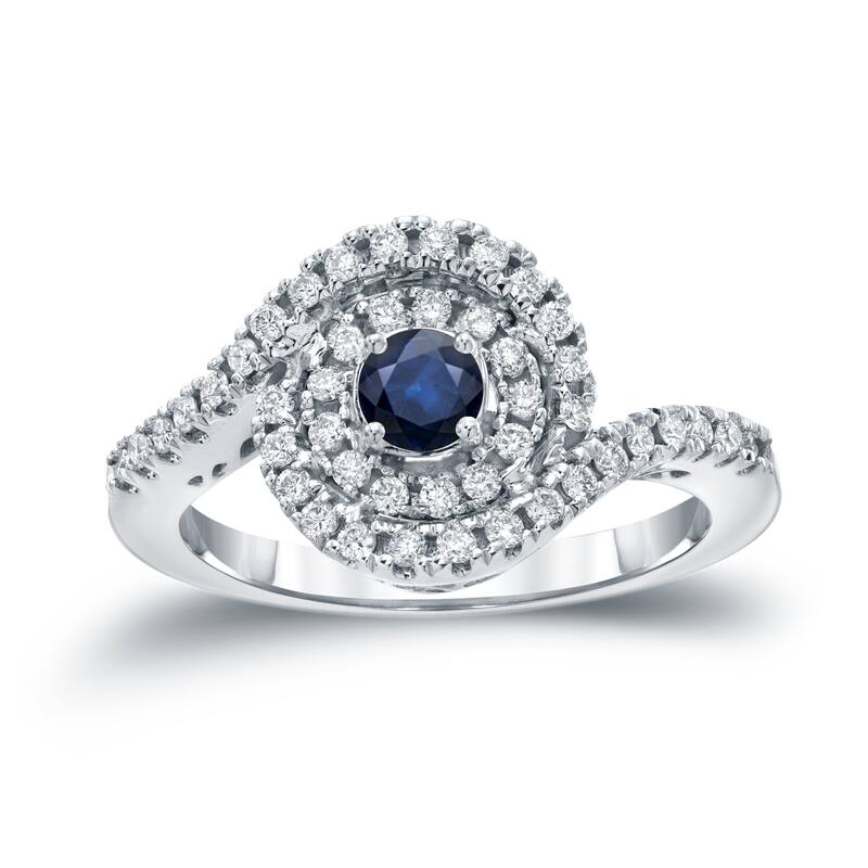 14k Gold Round 1/5ct Blue Sapphire and 3/5ct TDW Diamond Halo Engagement Ring