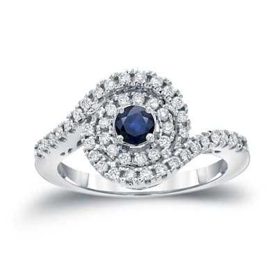 14k Gold Round 1/5ct Blue Sapphire and 3/5ct TDW Diamond Halo Engagement Ring