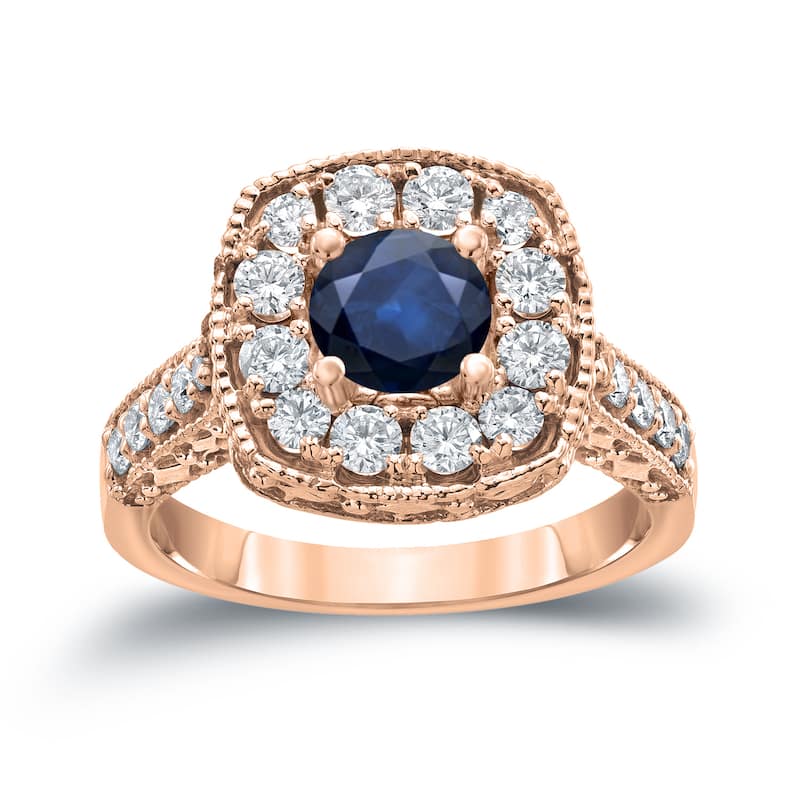 14k Gold Round 3/4ct Blue Sapphire and 3/4ct TDW Diamond Halo Engagement Ring