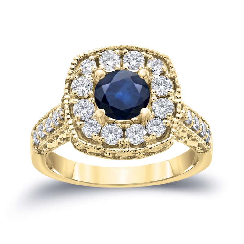 14k Gold Round 3/4ct Blue Sapphire and 3/4ct TDW Diamond Halo Engagement Ring