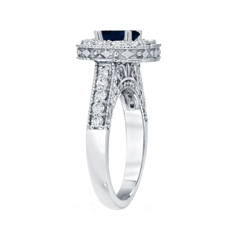14k Gold Round 3/4ct Blue Sapphire and 3/4ct TDW Diamond Halo Engagement Ring