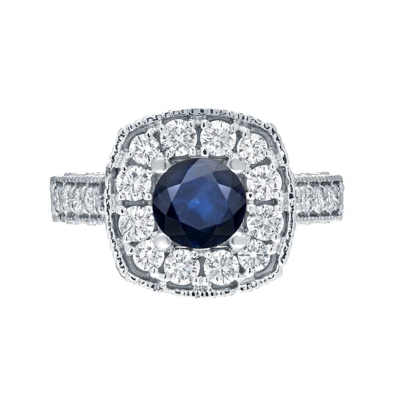 14k Gold Round 3/4ct Blue Sapphire and 3/4ct TDW Diamond Halo Engagement Ring