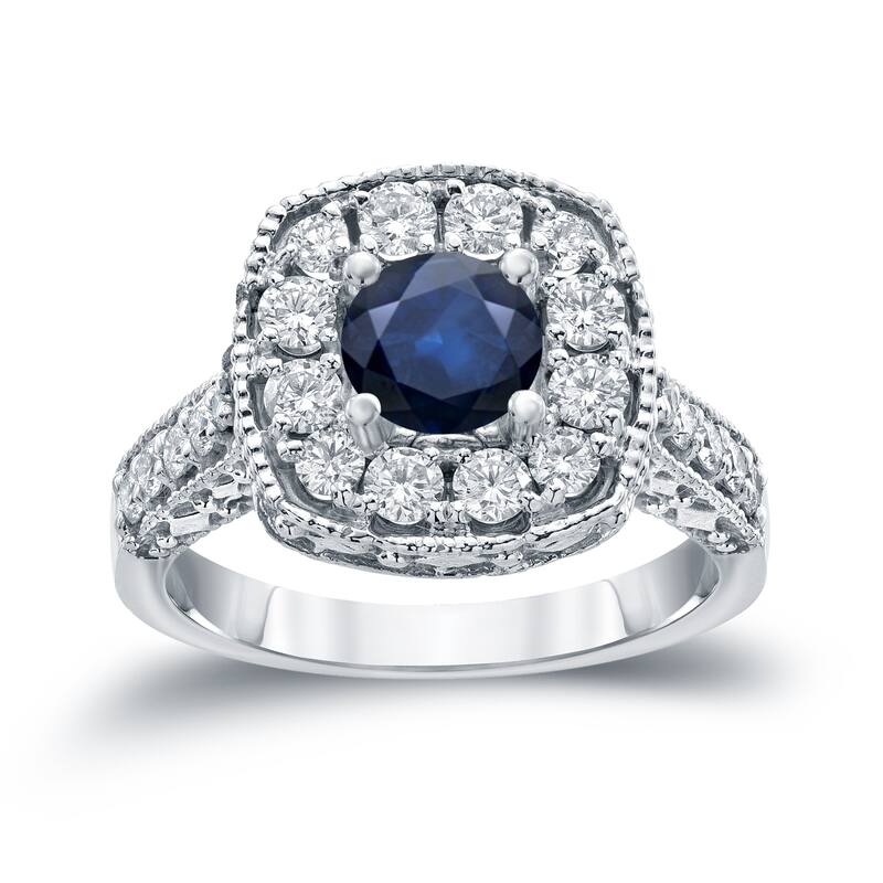 14k Gold Round 3/4ct Blue Sapphire and 3/4ct TDW Diamond Halo Engagement Ring
