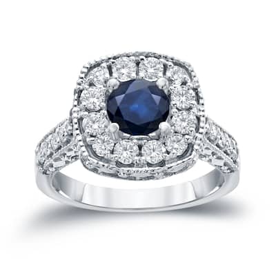 14k Gold Round 3/4ct Blue Sapphire and 3/4ct TDW Diamond Halo Engagement Ring