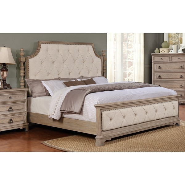 Queen Panel Headboard White Fabric Tufted Upholstered Trimmed Adjustable Height