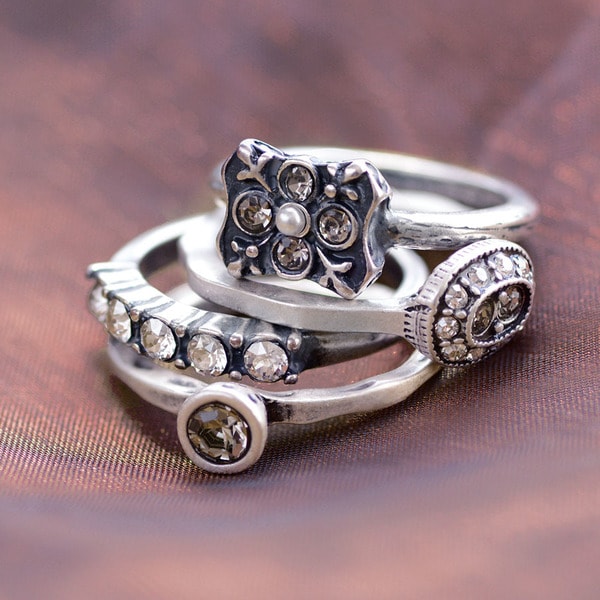Sweet Romance Silver or Gold Vintage Florence Crystal Stack Rings - Set of 3