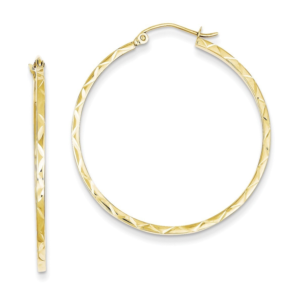 14K Yellow Gold 1.5X35mm Diamond Cut with Polished Wire Hoop Earrings