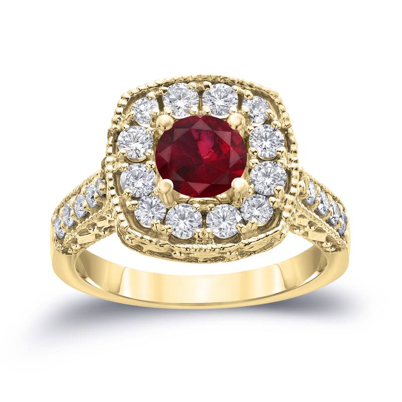 14k Gold 3/4ct Ruby and 7/8ct TDW Round Diamond Halo Engagement Ring