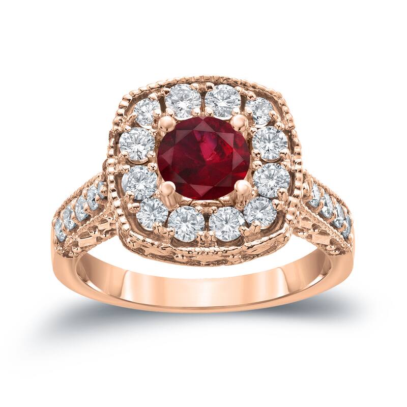14k Gold 3/4ct Ruby and 7/8ct TDW Round Diamond Halo Engagement Ring