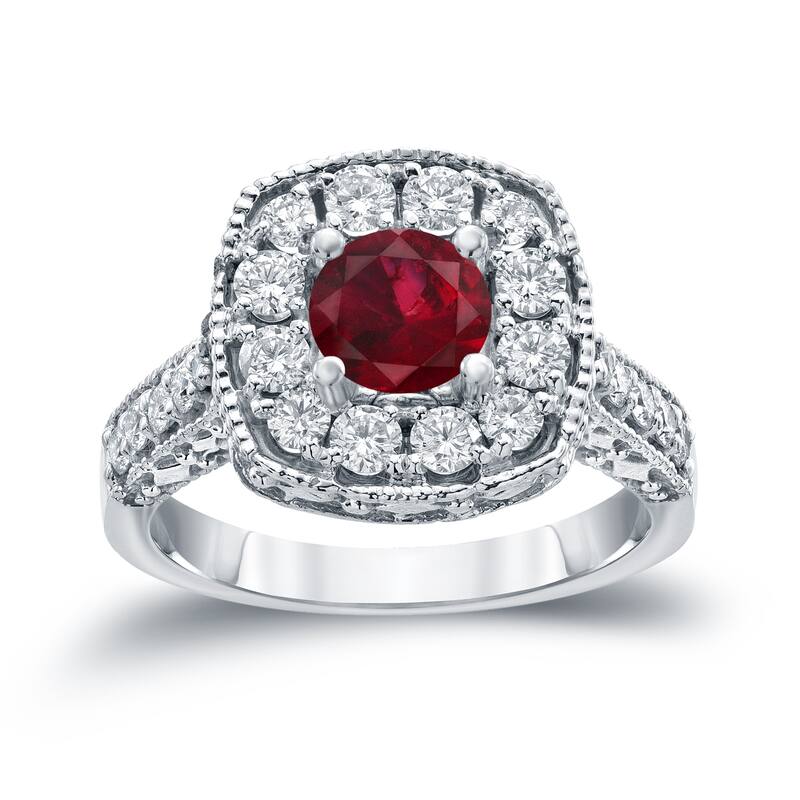 14k Gold 3/4ct Ruby and 7/8ct TDW Round Diamond Halo Engagement Ring