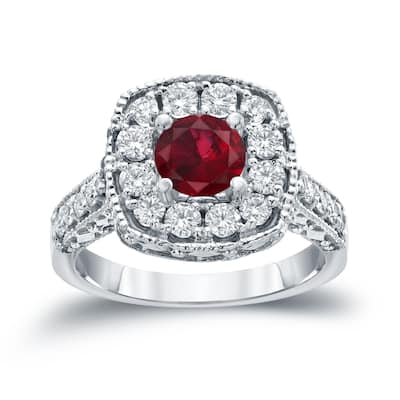 14k Gold 3/4ct Ruby and 7/8ct TDW Round Diamond Halo Engagement Ring