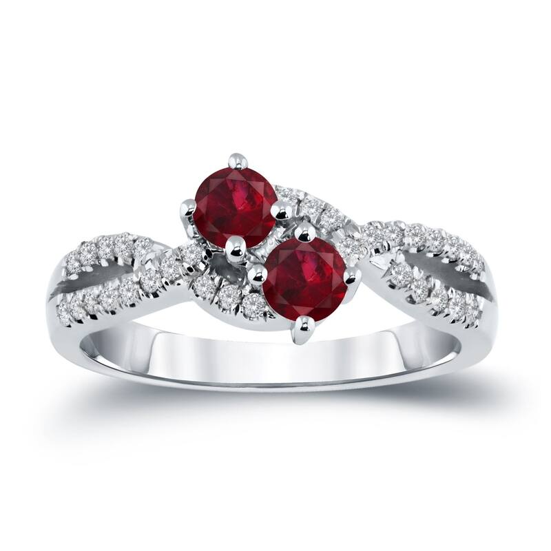 Auriya 2-Stone 1/2gtw Red Ruby Gemstone and 1/4ctw Round Diamond Engagement Ring 14k Gold