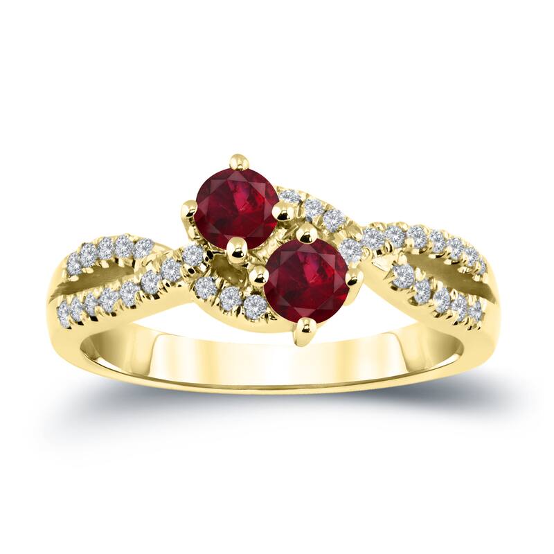 Auriya 2-Stone 1/2gtw Red Ruby Gemstone and 1/4ctw Round Diamond Engagement Ring 14k Gold
