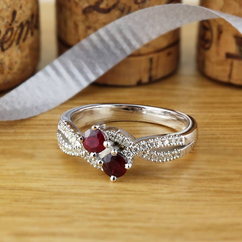 Auriya 2-Stone 1/2gtw Red Ruby Gemstone and 1/4ctw Round Diamond Engagement Ring 14k Gold