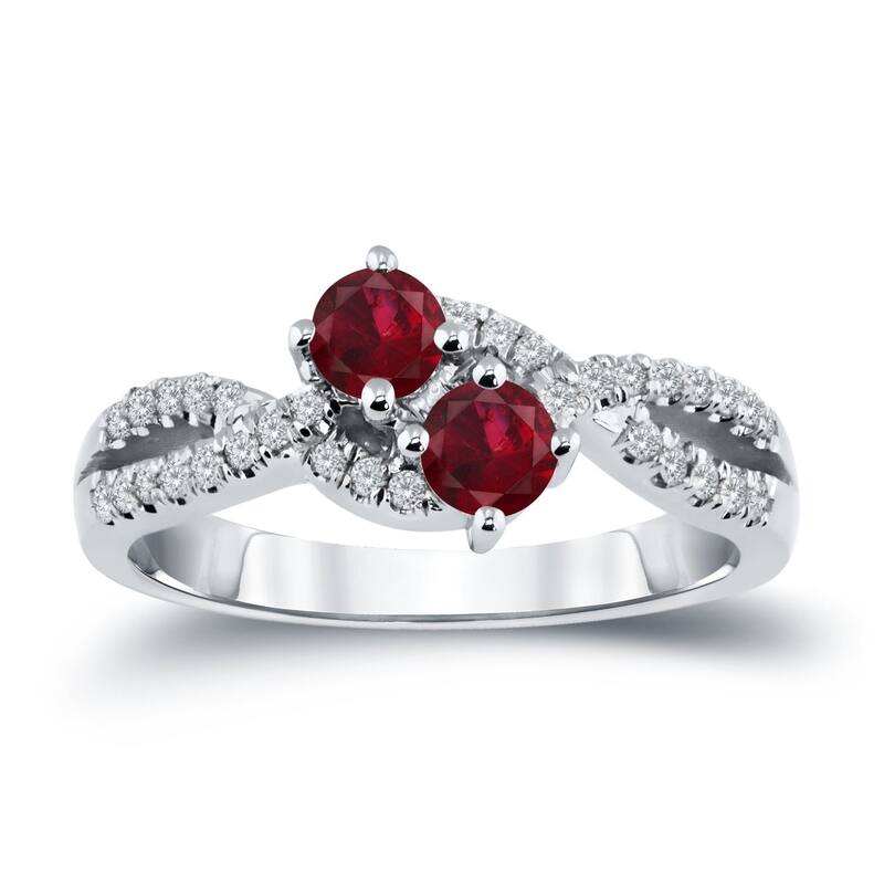 Auriya 2-Stone 1/2gtw Red Ruby Gemstone and 1/4ctw Round Diamond Engagement Ring 14k Gold - 4 - White