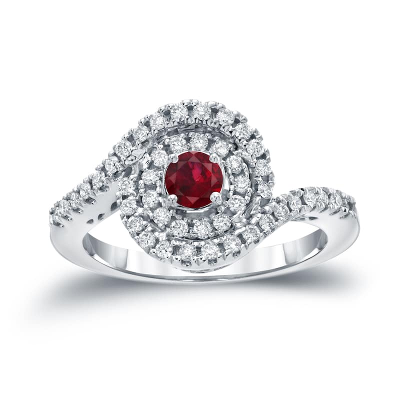 14k Gold 1/5ct Ruby and 3/5ct TDW Round Diamond Halo Engagement Ring