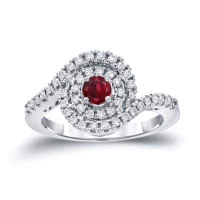 14k Gold 1/5ct Ruby and 3/5ct TDW Round Diamond Halo Engagement Ring