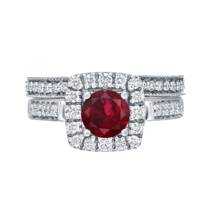 Auriya 1/3ct Red Ruby and 3/4ctw Halo Diamond Engagement Ring Set 14kt Gold