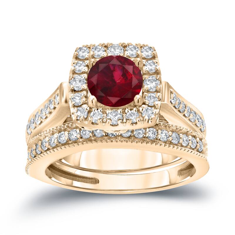 Auriya 1/3ct Red Ruby and 3/4ctw Halo Diamond Engagement Ring Set 14kt Gold