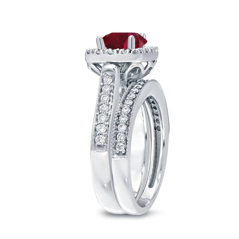 Auriya 1/3ct Red Ruby and 3/4ctw Halo Diamond Engagement Ring Set 14kt Gold
