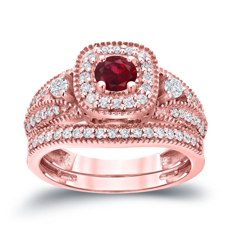 Auriya Vintage Inspired 1/5ct Red Ruby and 1/2ctw Halo Diamond Engagement Ring Set 14kt Gold - 4 - Rose