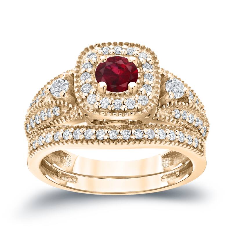 Auriya Vintage Inspired 1/5ct Red Ruby and 1/2ctw Halo Diamond Engagement Ring Set 14kt Gold - 4 - Yellow