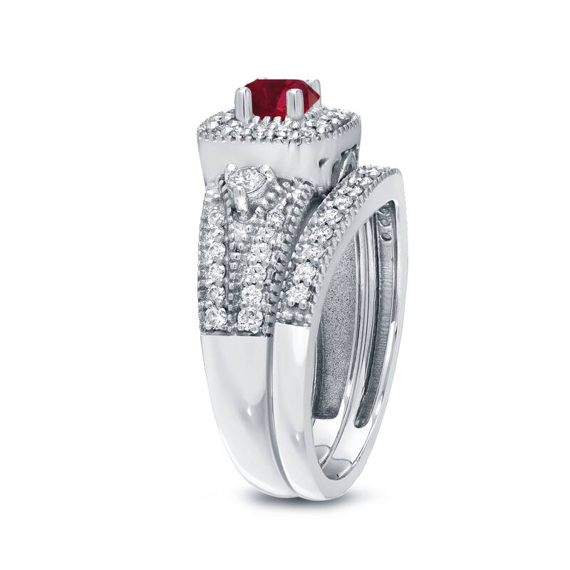 Auriya Vintage Inspired 1/5ct Red Ruby and 1/2ctw Halo Diamond Engagement Ring Set 14kt Gold