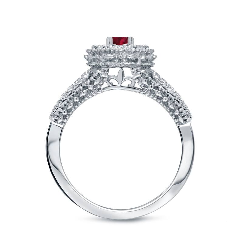 Auriya Vintage 1/5ctw Red Ruby Gemstone and 1/2ctw Split Shank Halo Diamond Engagement Ring 14k Gold
