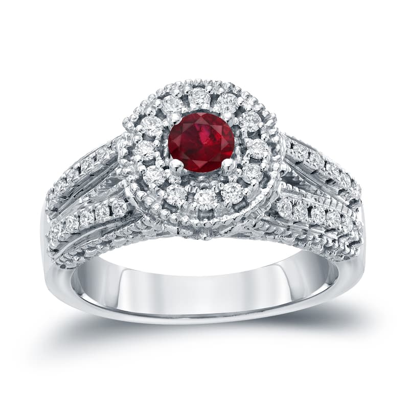 Auriya Vintage 1/5ctw Red Ruby Gemstone and 1/2ctw Split Shank Halo Diamond Engagement Ring 14k Gold