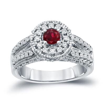 Auriya Vintage 1/5ctw Red Ruby Gemstone and 1/2ctw Split Shank Halo Diamond Engagement Ring 14k Gold