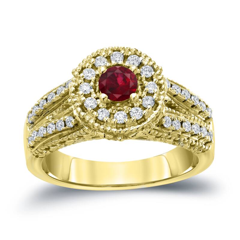 Auriya Vintage 1/5ctw Red Ruby Gemstone and 1/2ctw Split Shank Halo Diamond Engagement Ring 14k Gold