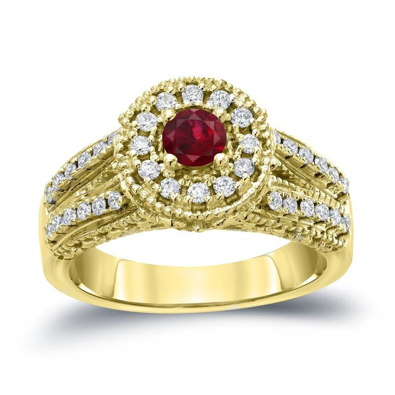 Auriya Vintage 1/5ctw Red Ruby Gemstone and 1/2ctw Split Shank Halo Diamond Engagement Ring 14k Gold - 4 - Yellow