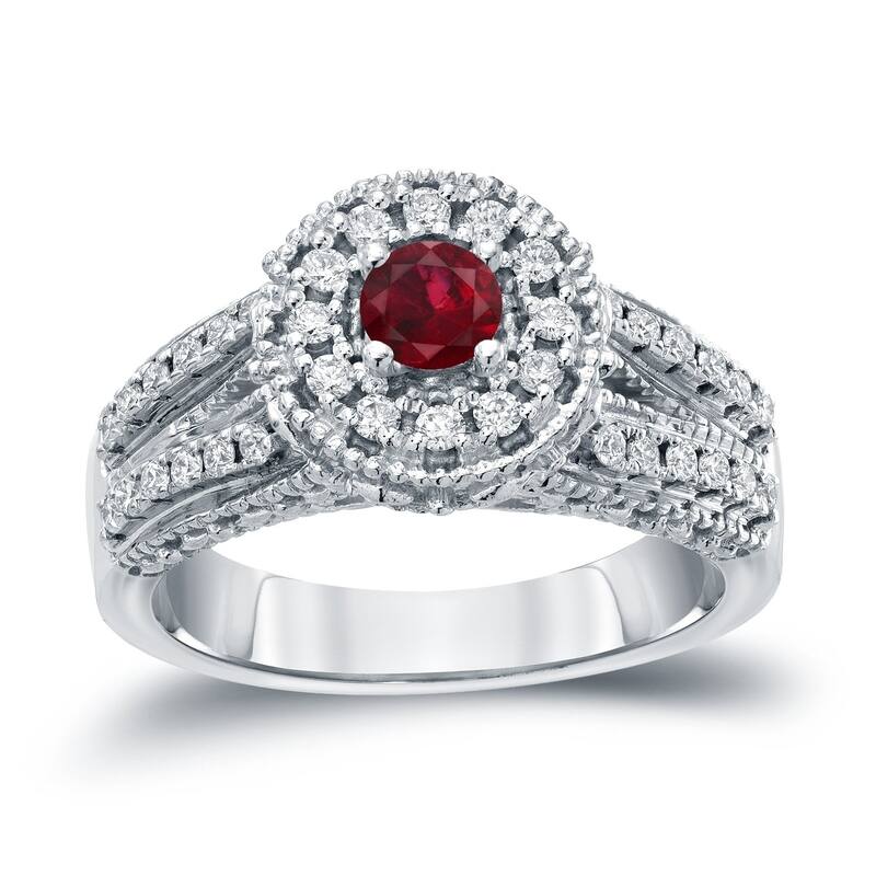 Auriya Vintage 1/5ctw Red Ruby Gemstone and 1/2ctw Split Shank Halo Diamond Engagement Ring 14k Gold - 4 - White