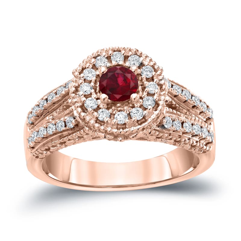 Auriya Vintage 1/5ctw Red Ruby Gemstone and 1/2ctw Split Shank Halo Diamond Engagement Ring 14k Gold