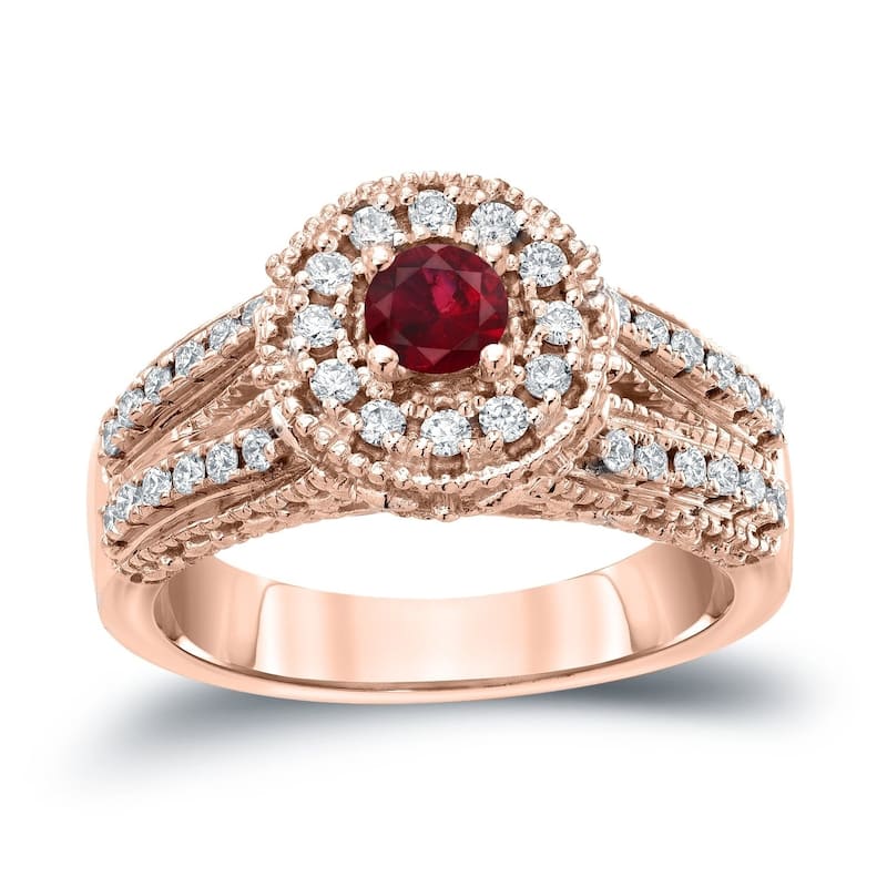Auriya Vintage 1/5ctw Red Ruby Gemstone and 1/2ctw Split Shank Halo Diamond Engagement Ring 14k Gold - 4 - Rose