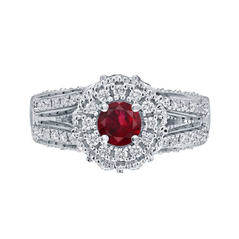 Auriya Vintage 1/5ctw Red Ruby Gemstone and 1/2ctw Split Shank Halo Diamond Engagement Ring 14k Gold