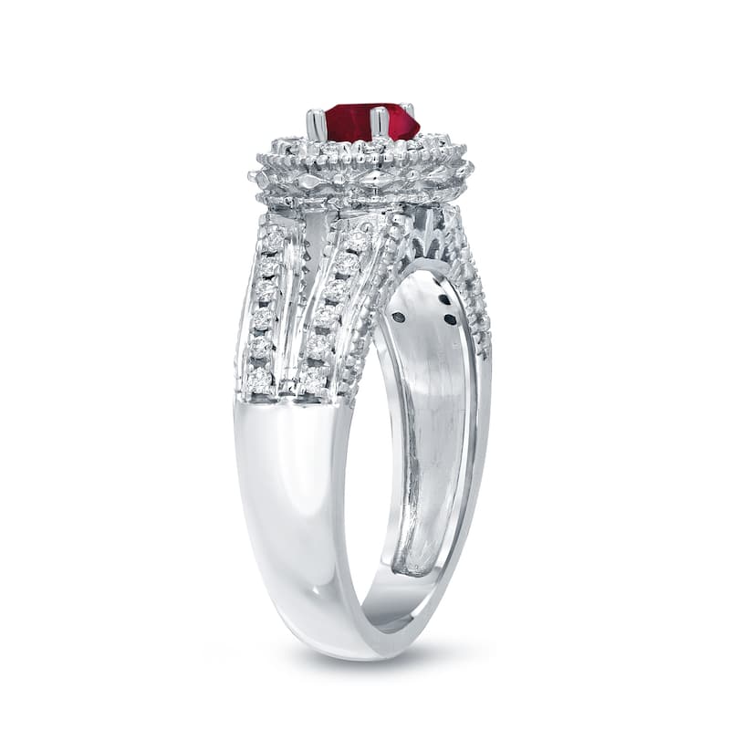 Auriya Vintage 1/5ctw Red Ruby Gemstone and 1/2ctw Split Shank Halo Diamond Engagement Ring 14k Gold