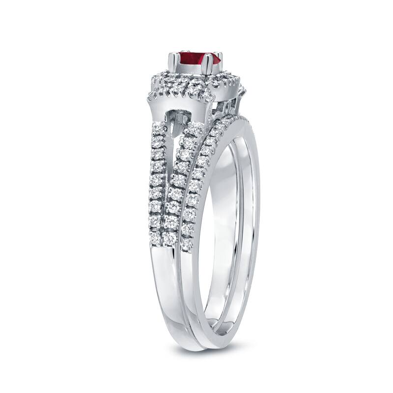 Auriya Modern 1/5ct Red Ruby and 1/2ctw Halo Diamond Engagement Ring Set 14kt Gold
