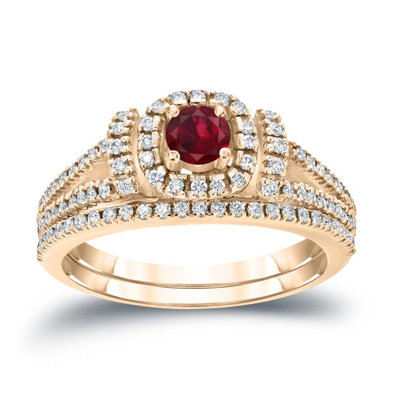 Auriya Modern 1/5ct Red Ruby and 1/2ctw Halo Diamond Engagement Ring Set 14kt Gold