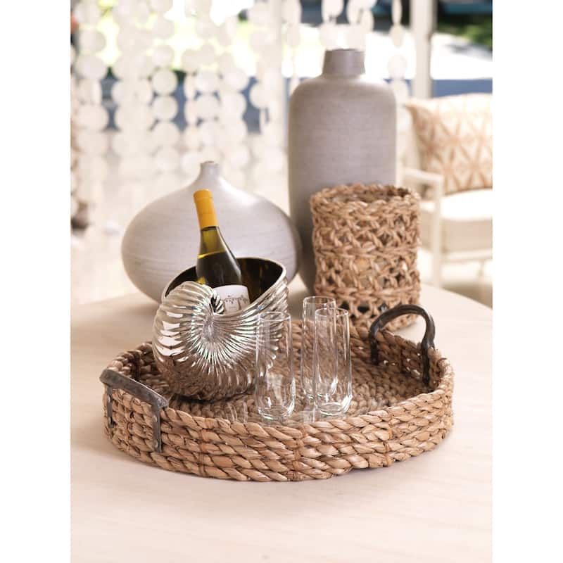 20" Diameter Seagrass Serving Tray with Glass Insert