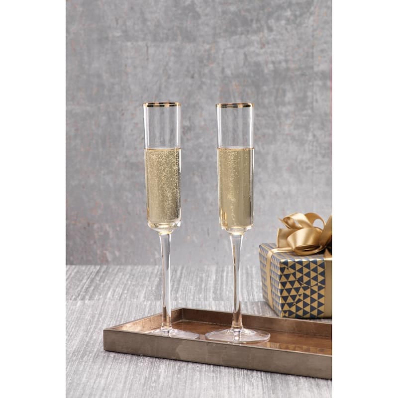 "Zalli" 11.25" Tall Flute Champagne Glass, Gold Rim (Set of 6)