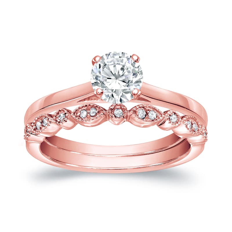 Auriya 14k Gold 3/4ctw Vintage Round Solitaire Diamond Engagement Ring Set