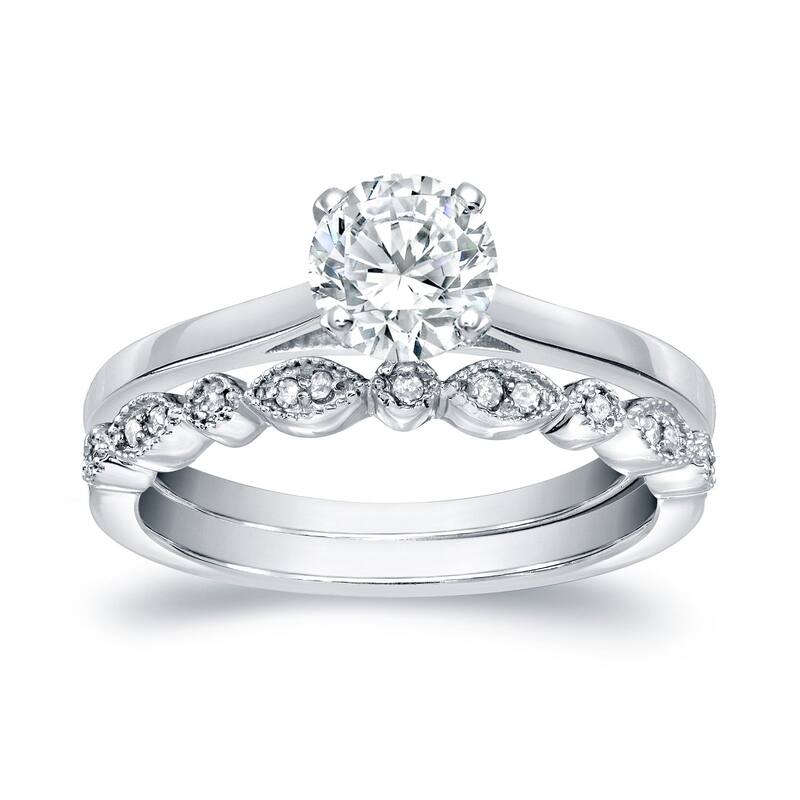 Auriya 14k Gold 7/8ctw Vintage Round Solitaire Diamond Engagement Ring Set - 4 - White