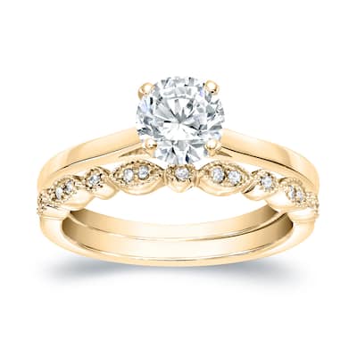 Auriya 14k Gold 1ctw Vintage Round Solitaire Diamond Engagement Ring Set