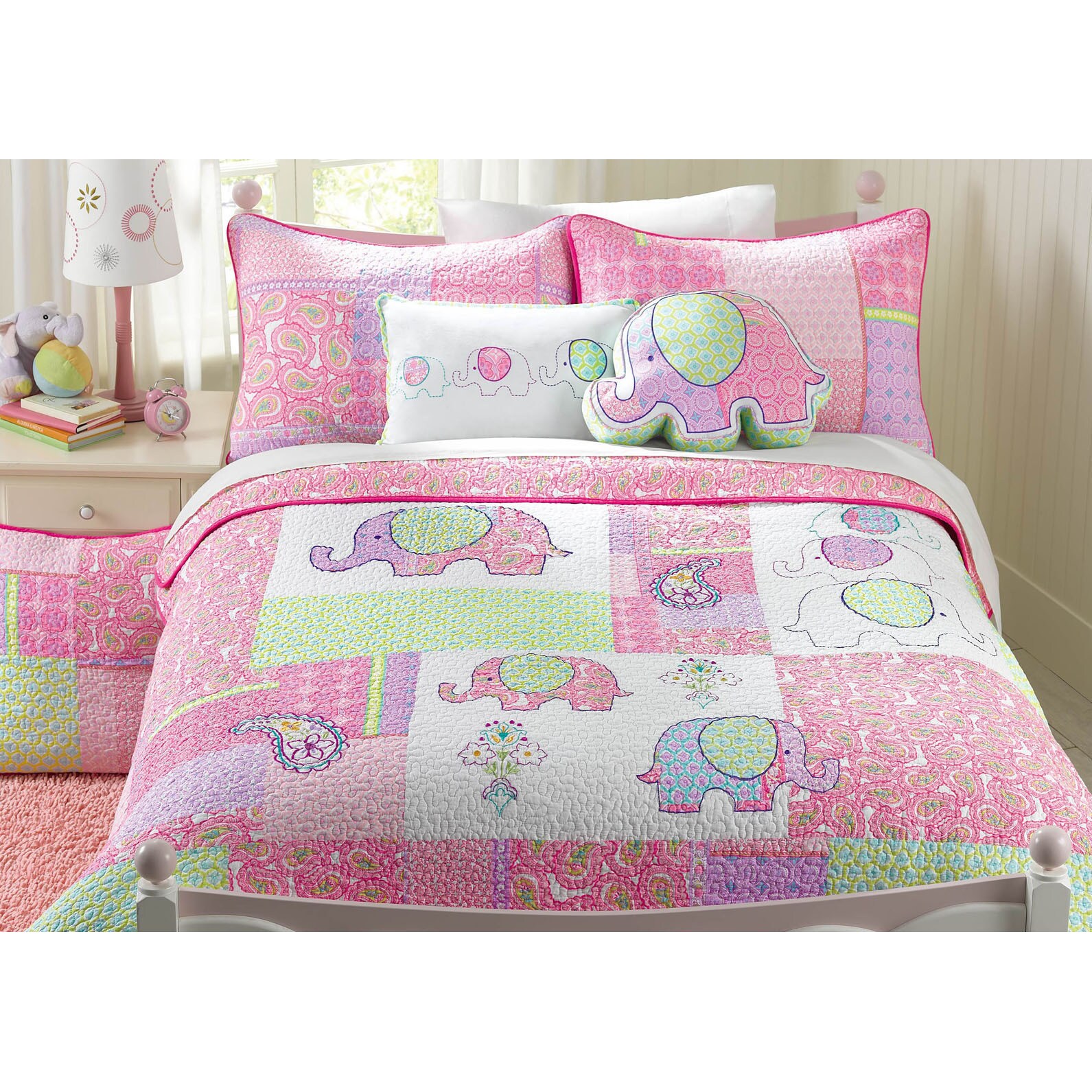 Shop Pink Elephant Patch Cotton 3 Piece Quilt Set Overstock