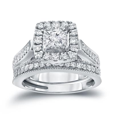 Auriya Vintage 1ctw Round Halo Diamond Engagement Ring Set 14k Gold