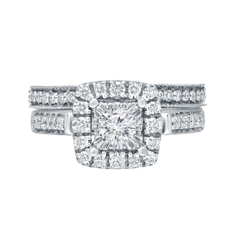 Auriya Vintage 1ctw Round Halo Diamond Engagement Ring Set 14k Gold