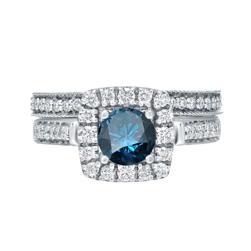 Auriya 1ctw Round Halo Blue Diamond Engagement Ring Set 14k Gold