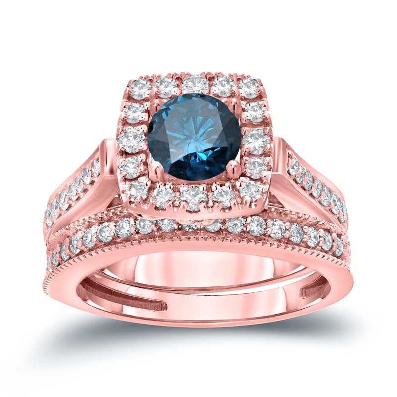 Auriya 1ctw Round Halo Blue Diamond Engagement Ring Set 14k Gold